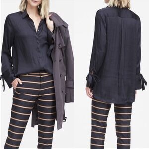 Banana Republic Parker Navy Tie Cuff Tunic Button Down Sheen Blouse L